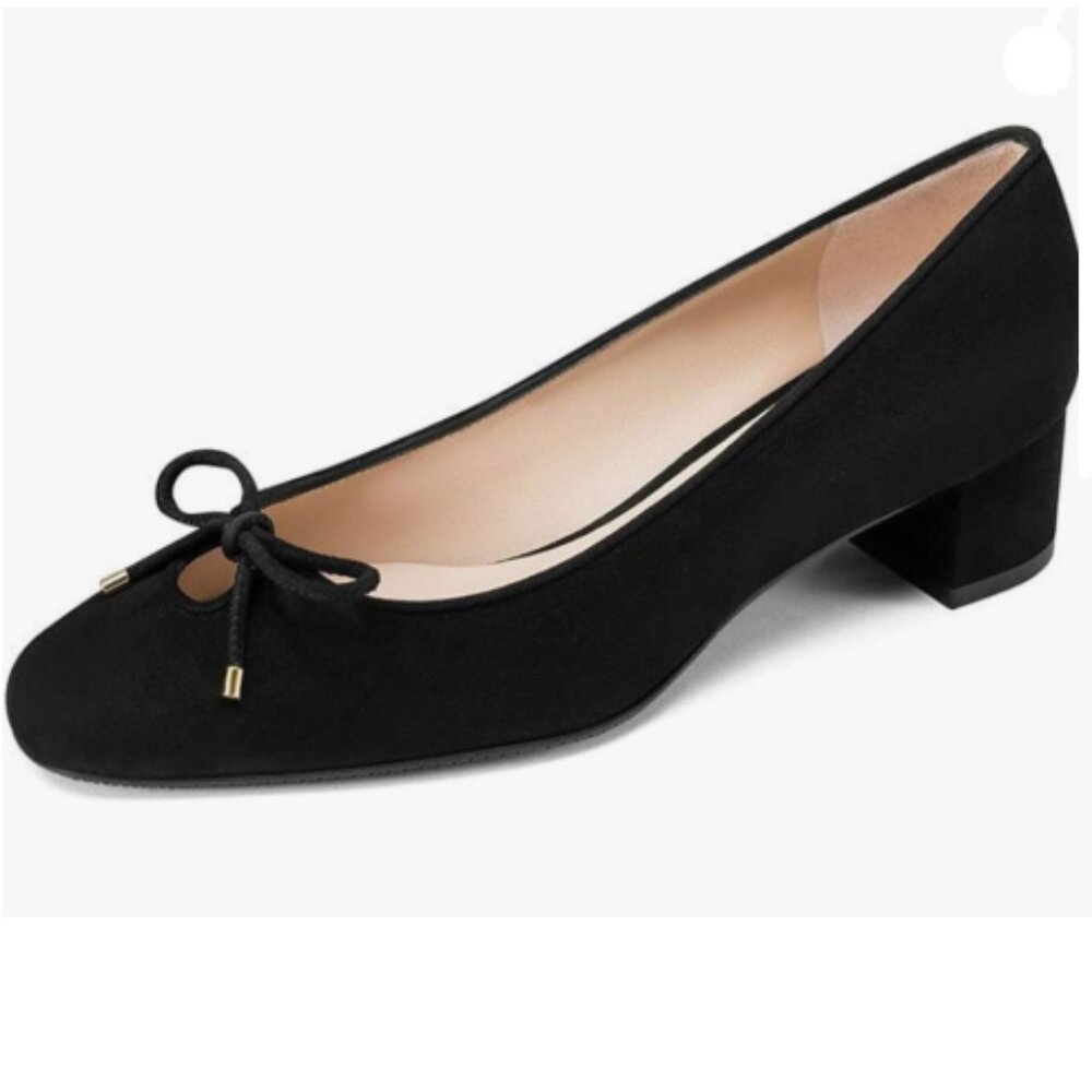 FOWT Black Bowknot Low Block Heels Suede Pump Round Toe Lace-up Loafers